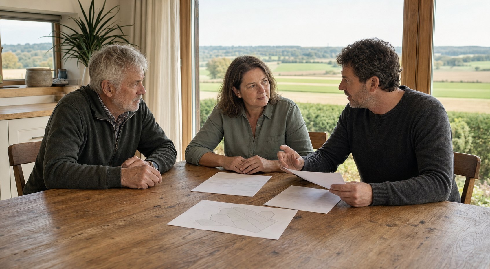 Familie bespricht Hof, Flächen und mögliche nächste Schritte an einem hellen Tisch