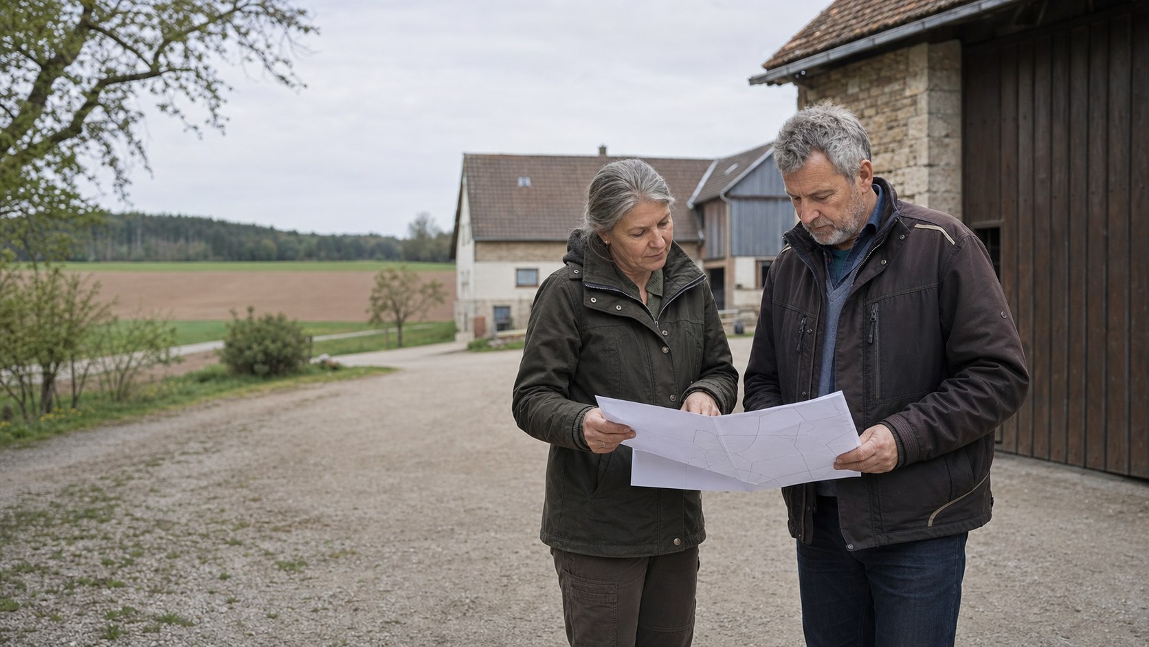 Berufserfahrene Menschen besprechen Unterlagen zu einem Hof und landwirtschaftlichen Flächen